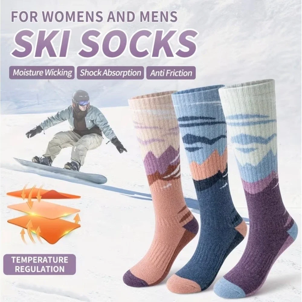 Unisex Tall Ski Socks 10-13 Merino Wool Anti-odor Anti-slip Alps Design NEW NICE